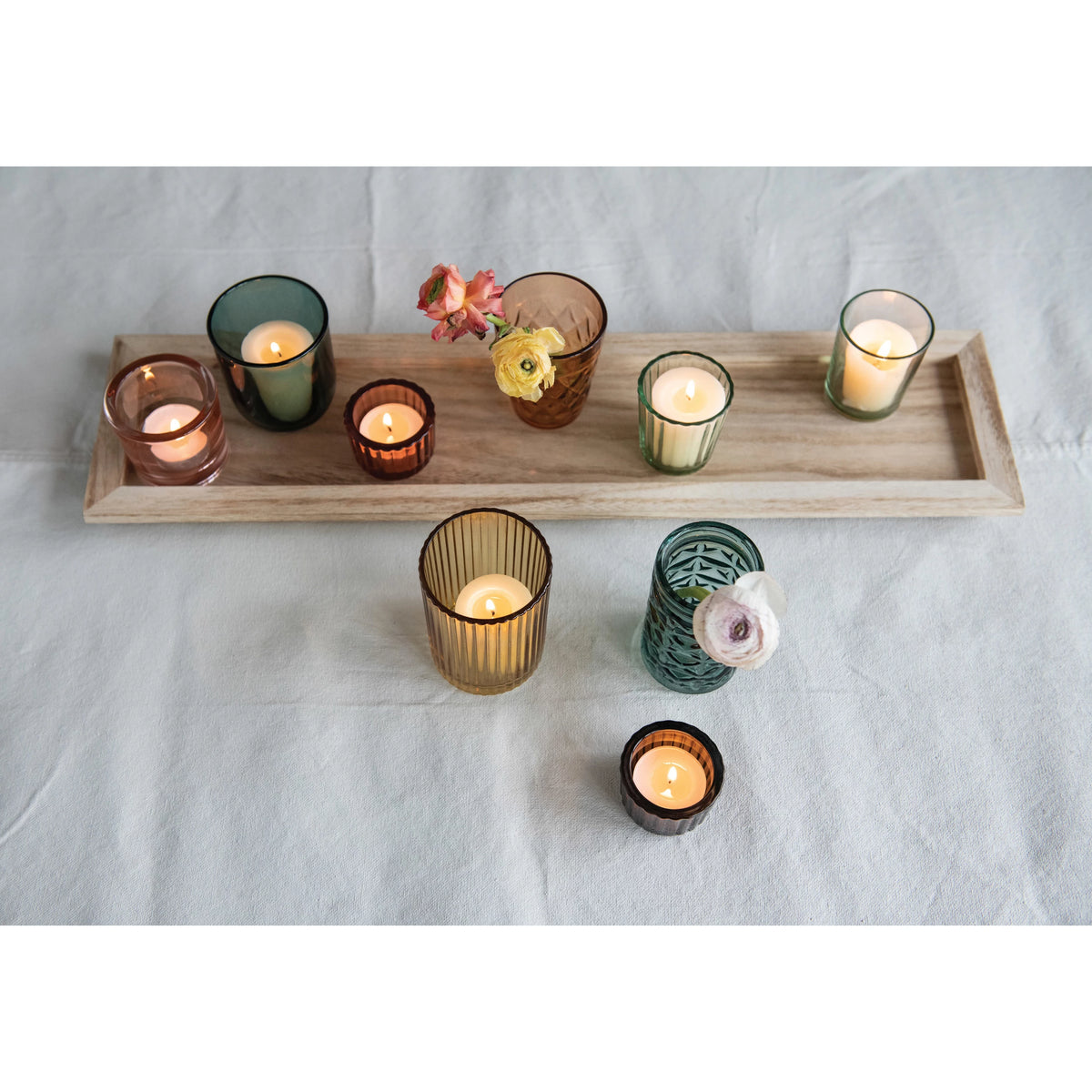 Embossed Glass Tealight/Votive Holders w/ Wood Tray, Multi Color-Decor-Lemons and Limes Boutique